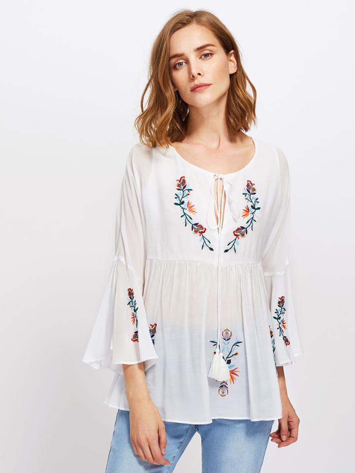 Shein Keyhole Tasseled Tie Embroidered Semi Sheer Top