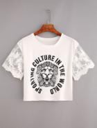 Shein Embroidered Mesh Sleeve Lion Print Crop T-shirt - White