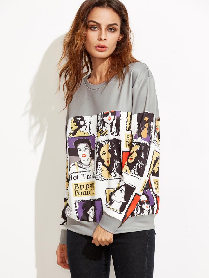 Shein Grey Portrait Comic Print Drop Shoulder Sweatshirt