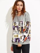 Shein Grey Portrait Comic Print Drop Shoulder Sweatshirt