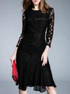 Shein Black Sheer Contrast Chiffon Flounce Lace Dress