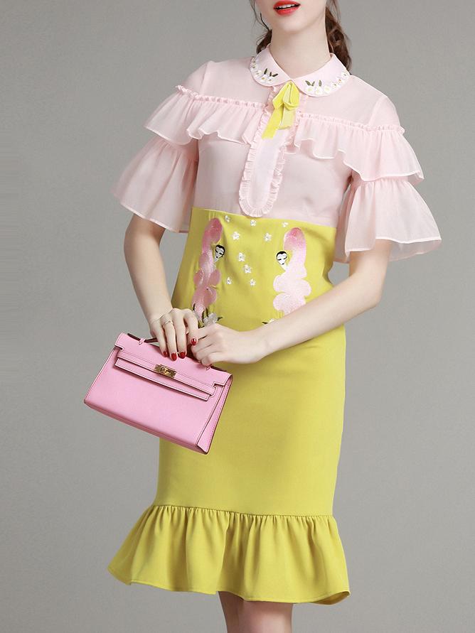 Shein Pink Lapel Ruffle Sleeve Embroidered Frill Dress