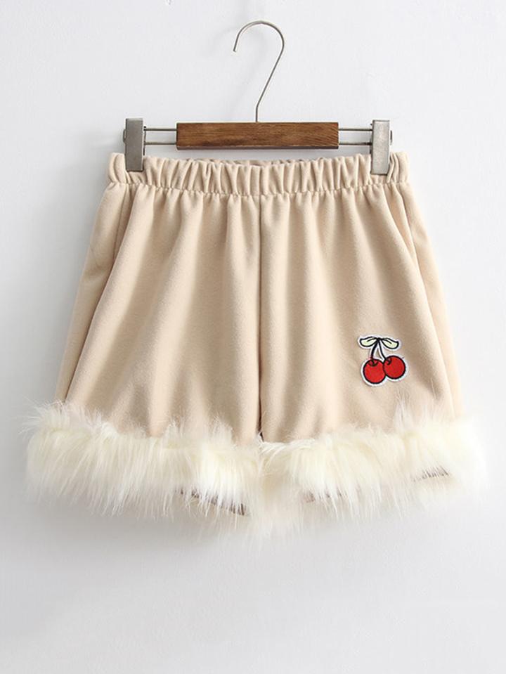 Shein Faux Fur Trim Patched Shorts