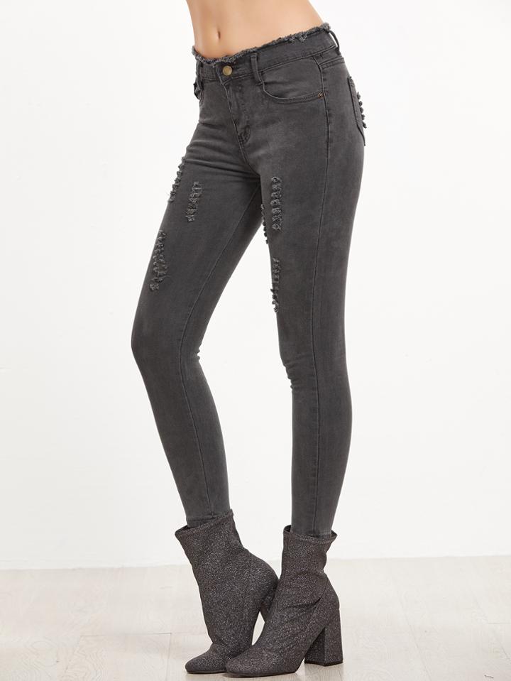 Shein Dark Grey Raw Hem Jeans