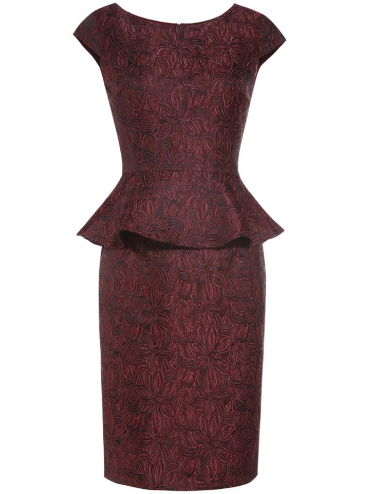 Shein Burgundy Cap Sleeve Peplum Jacquard Dress