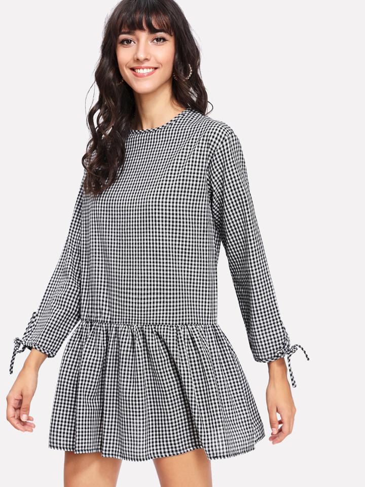 Shein Bow Tied Cuff Plaid Dress
