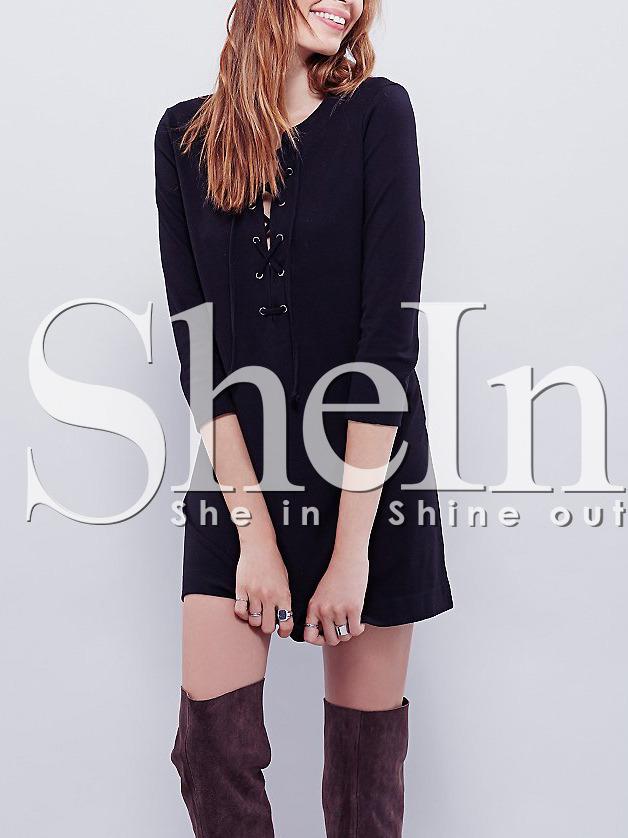 Shein Navy Round Neck Lace Up Dress