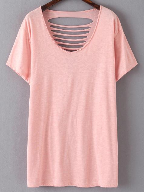 Shein Pink Short Sleeve Ripped Hole Casual T-shirt