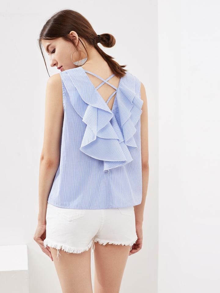 Shein Faux Pearl Beading Frilled Crisscross V Back Trapeze Top