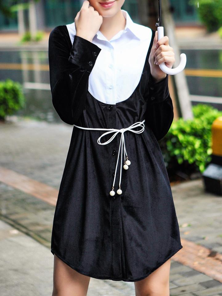Shein Black Contrast White Lapel Tie-waist Dress