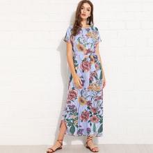 Shein Flower And Striped Curved Hem Dress