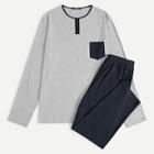 Shein Men Contrast Pocket Heather Knit Tee & Pants Pj Set
