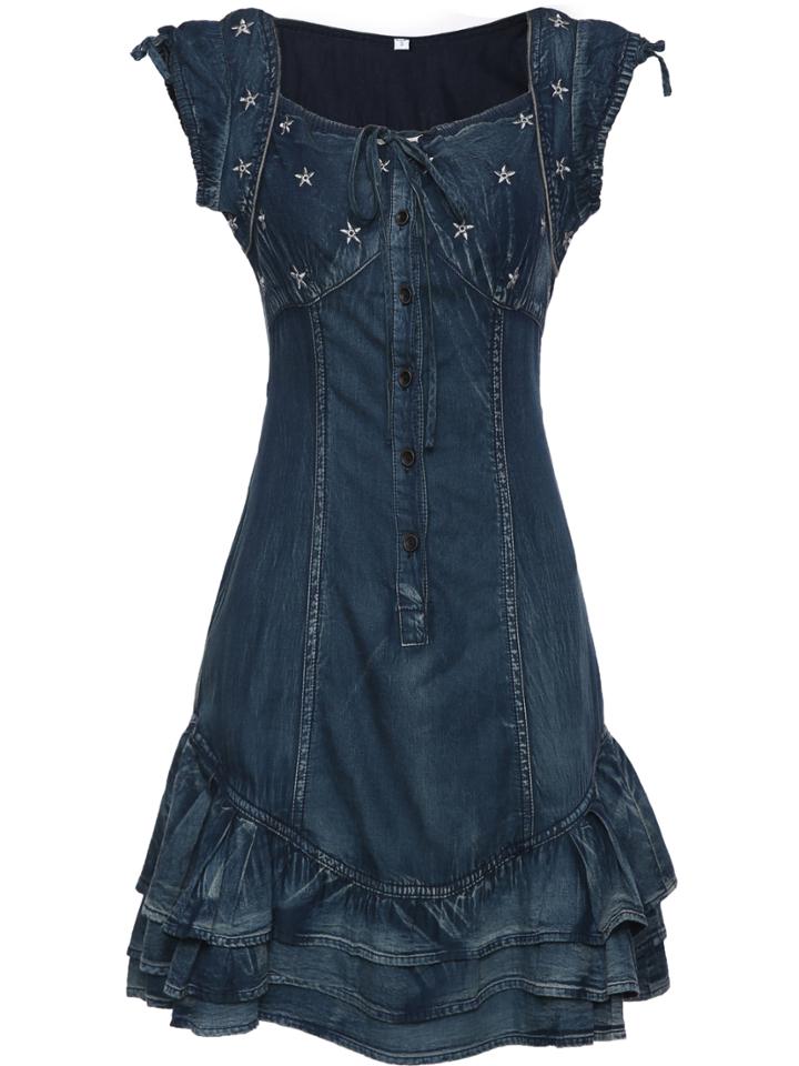 Shein Boat Neck Snowflake Embroidered Denim Ruffle Dress