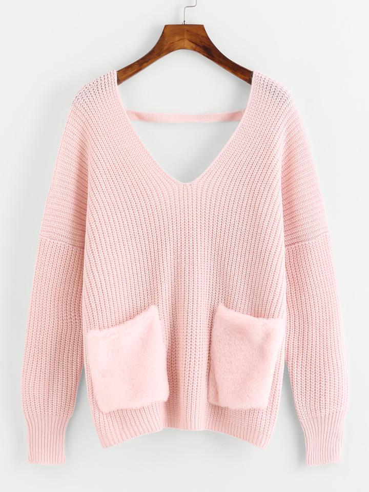 Shein Lace Up Back Contrast Faux Fur Pocket Sweater