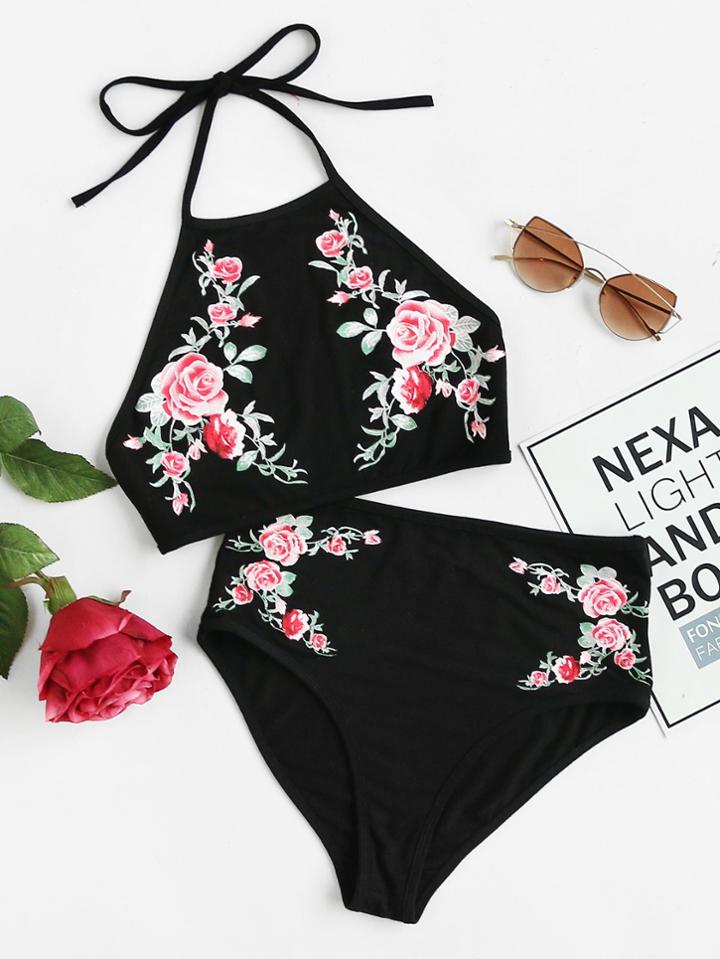 Shein Symmetric Rose Print Halter Top And Knicker Set