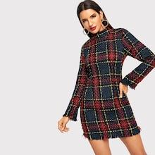 Shein Tweed Fringe Hem Plaid Dress