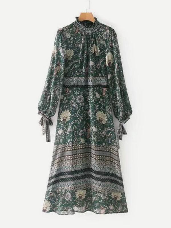 Shein Frill Neck Tied Cuff Floral Dress