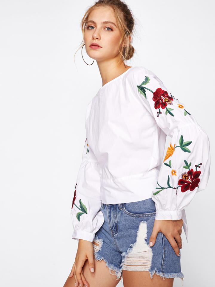 Shein Botanical Embroidered Lantern Sleeve Tie Back Top