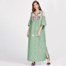 Shein Embroidered Open Shoulder Tassel Tie Neck Pinstriped Dress