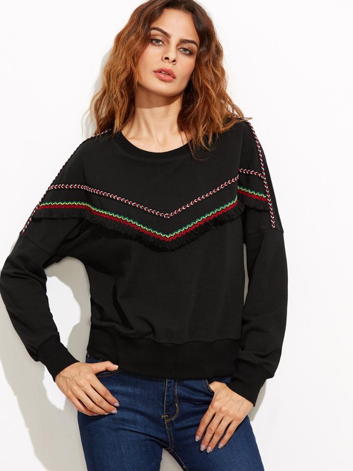Shein Black Embroidered Tape And Fringe Embellished Sweatshirt
