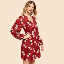 Shein Floral Print V Neck Flare Dress