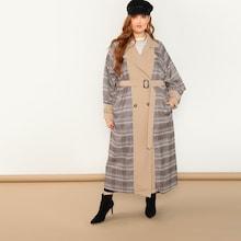Shein Plus Self Belted Plaid Longline Coat
