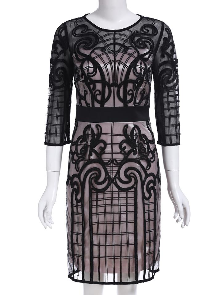 Shein Black Round Neck Length Sleeve Contrast Gauze Embroidered Dress