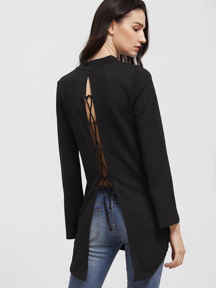 Shein Black Slit Back Lace Up High Low T-shirt