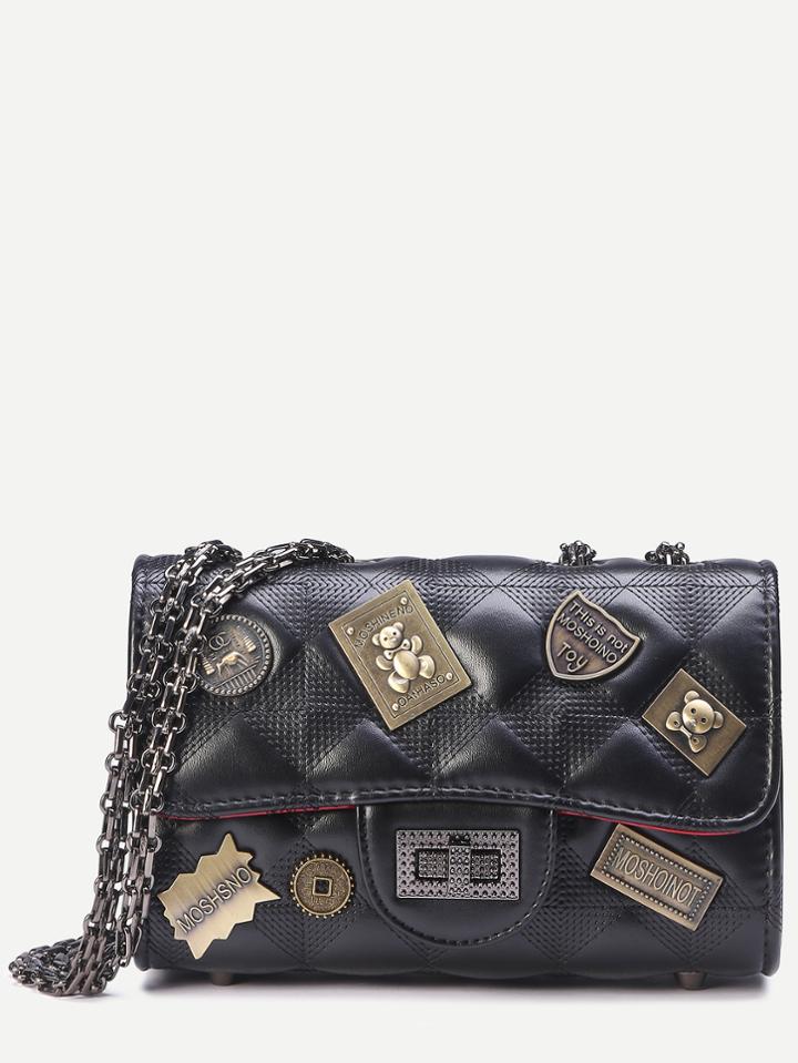 Shein Black Vintage Charm Studded Quilted Flap Bag