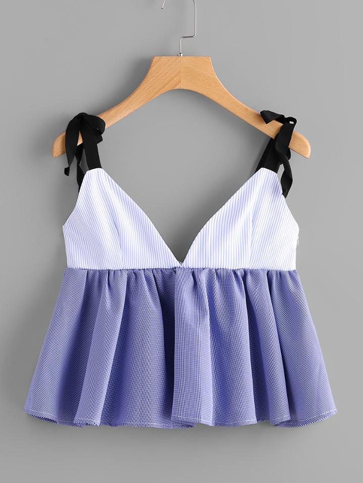 Shein Self Tie Shoulder Striped Frill Hem Cami Top