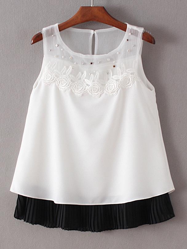 Shein Color Block Sleeveless Crochet Embellished Blouse