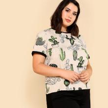Shein Plus Cactus Print Ringer Tee