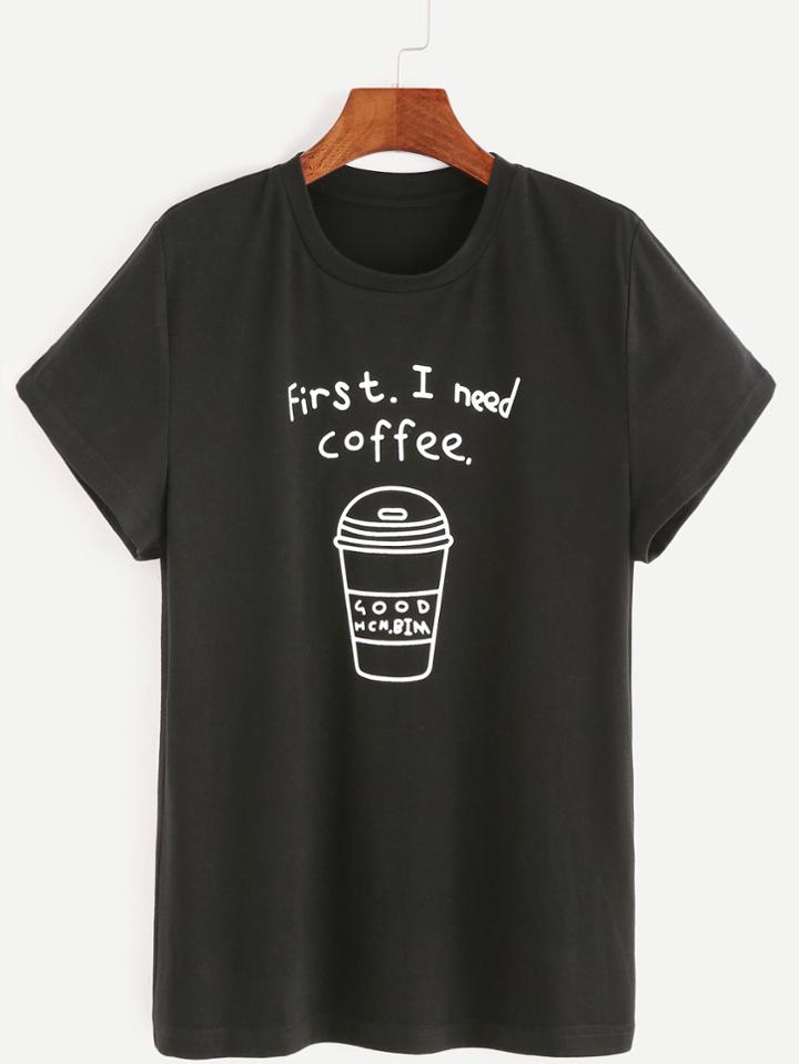 Shein Black Coffee Print Short Sleeve T-shirt