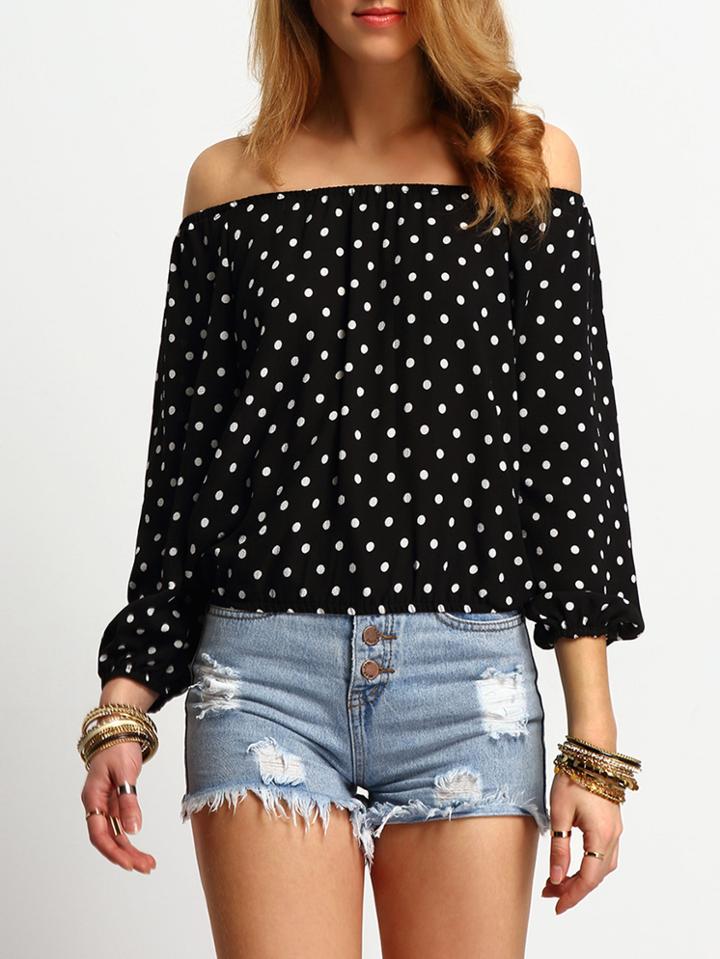 Shein Black Boat Neck Polka Dots Blouse