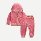 Shein Toddler Girls Rainbow Stripe Velvet Hooded Outerwear With Pants