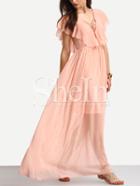 Shein Pink Lace-up Ruffle V Back Chiffon Maxi Dress