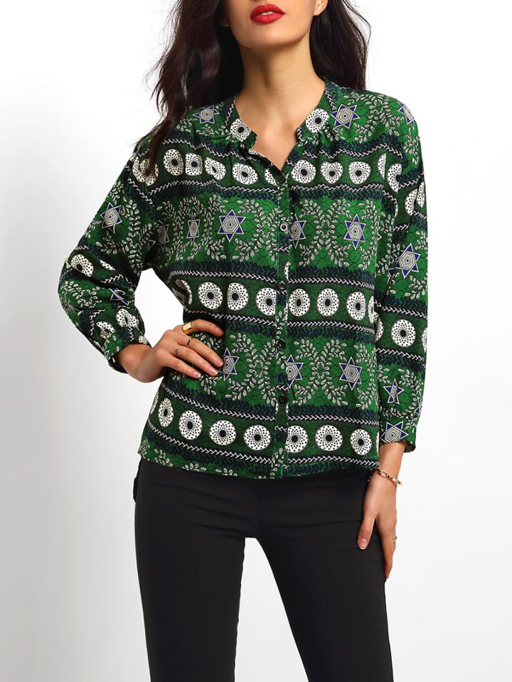 Shein Multicolor Stand Collar Long Sleeve Floral Blouse