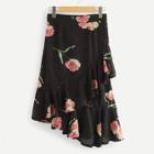 Shein Floral Print Ruffle Trim Asymmetrical Hem Skirt