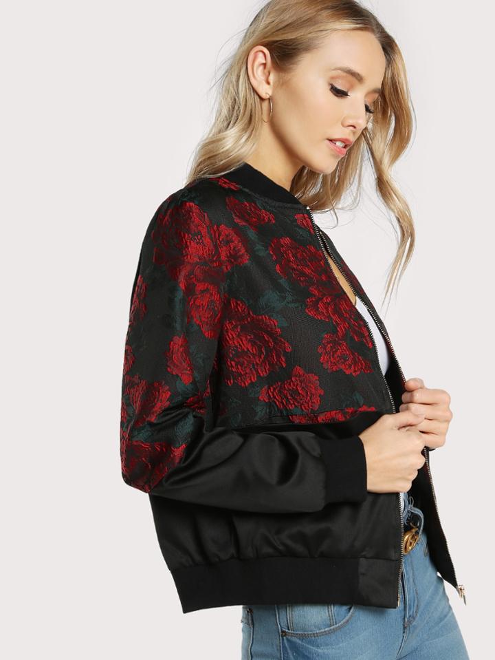 Shein Flower Print Mixed Media Bomber Jacket