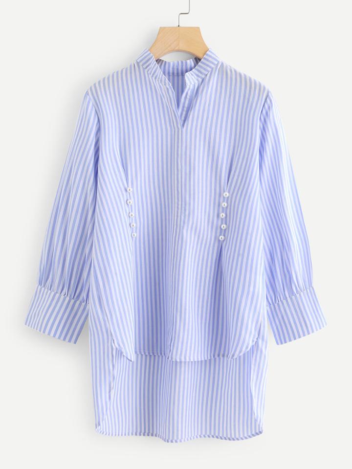 Shein Pearl Beaded Striped Dip Hem Blouse