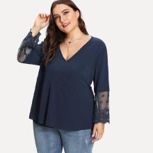 Shein Plus Embroidered Mesh Cuff Wrap Top