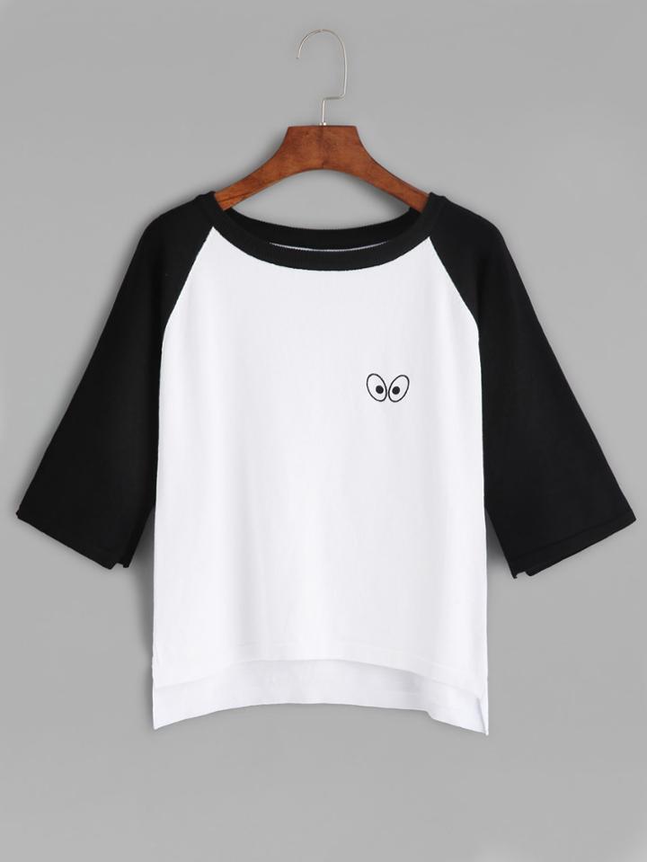 Shein Color Block Eye Print Raglan Sleeve High Low Sweater