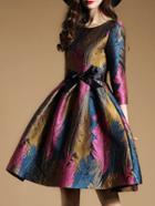 Shein Multicolor Bow-waist Jacquard A-line Dress