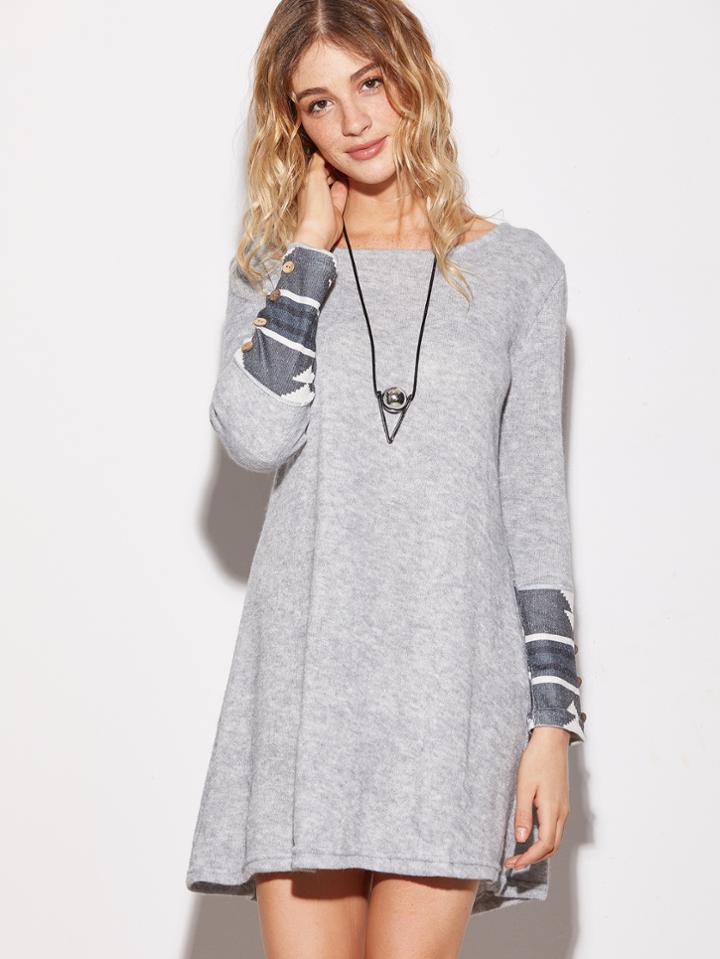 Shein Grey Contrast Geometric Print Cuff Dress