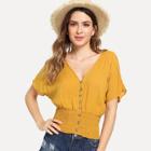 Shein Button Front Shirred Hem Blouse