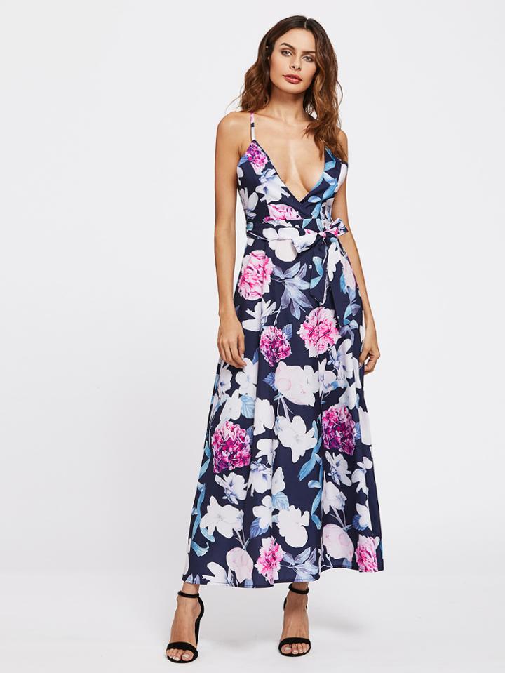 Shein Random Florals Open Back Surplice Dress