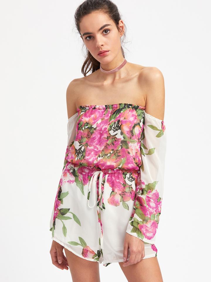 Shein Florals Bardot Drawstring Romper