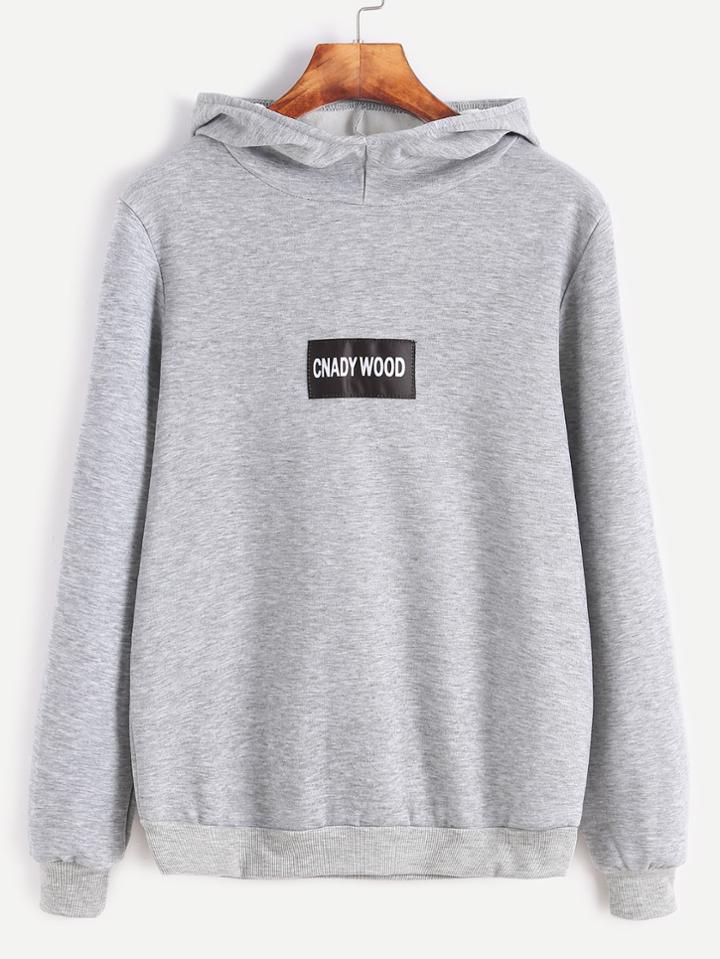 Shein Grey Hooded Letter Print Patch Sweatshirt