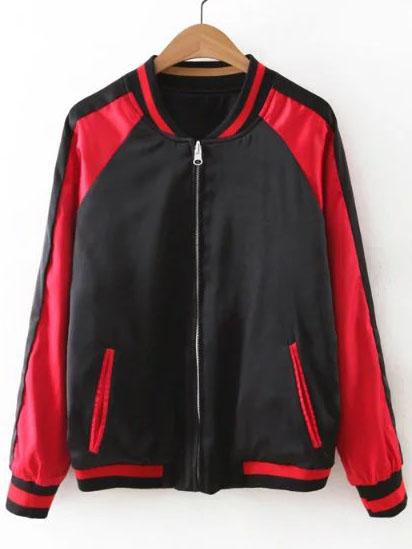 Shein Black Color Block Zipper Up Bomber Jacket