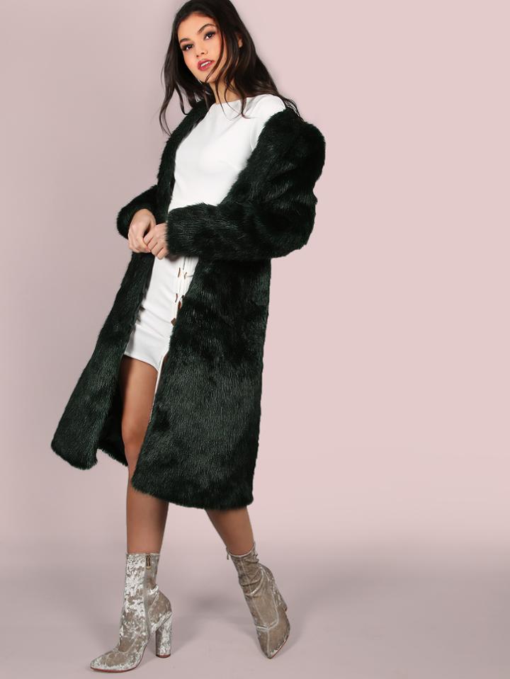 Shein Olive Green Faux Fur Collarless Long Coat